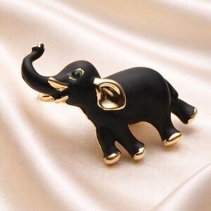 Elephant Black Gold Brooch with Green Eye